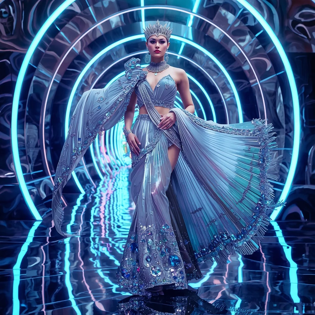 Celestial Prism Queen Saree with Floating Neon Infinity Temple | Woman Pose Ai Prompt