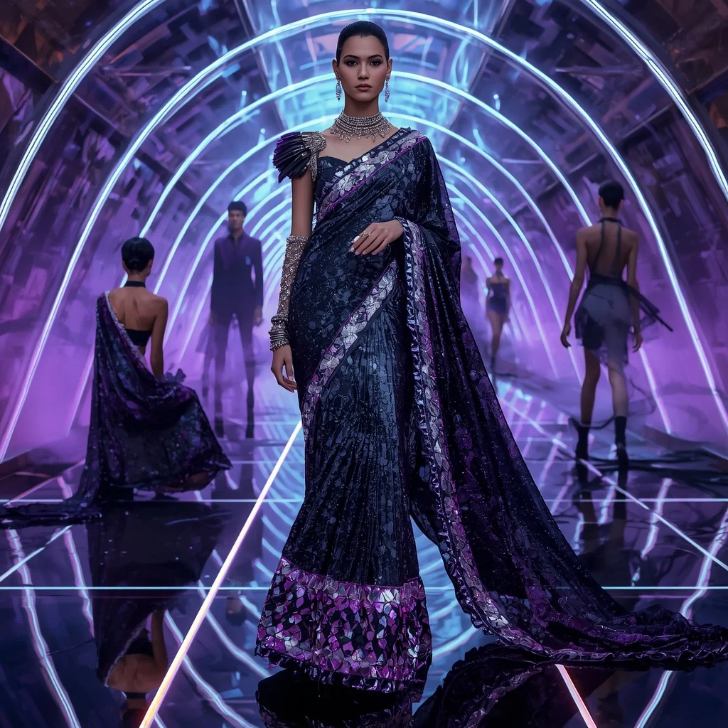 Celestial Raven Royale Saree with Floating Infinity Neon Pyramid Hall | Gemini Ai Prompt For Girl