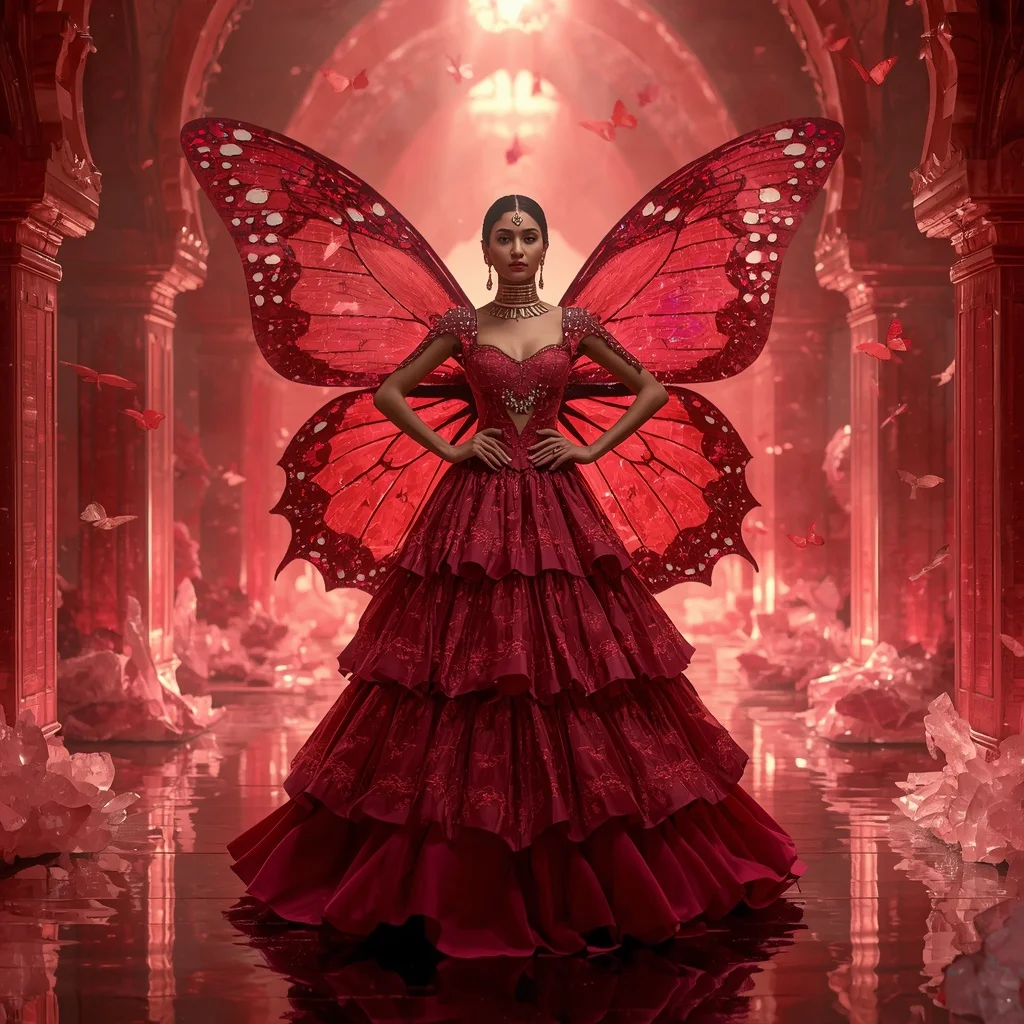 Celestial Ruby Butterfly Empress Saree Couture with Floating Crystal Kingdom Background | Photo Prompt