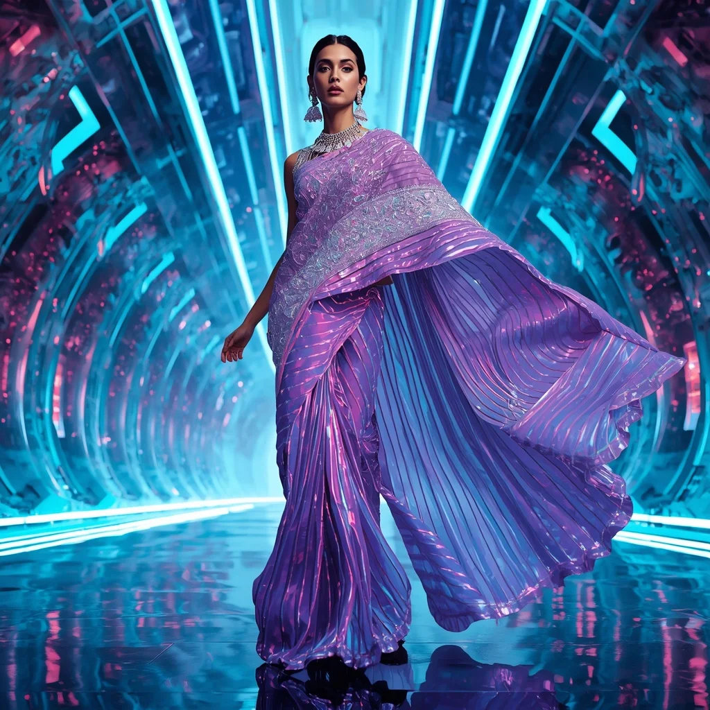 Celestial Thunder Mirage Saree with Futuristic Aurora Citadel | Cinematic Ai Prompt