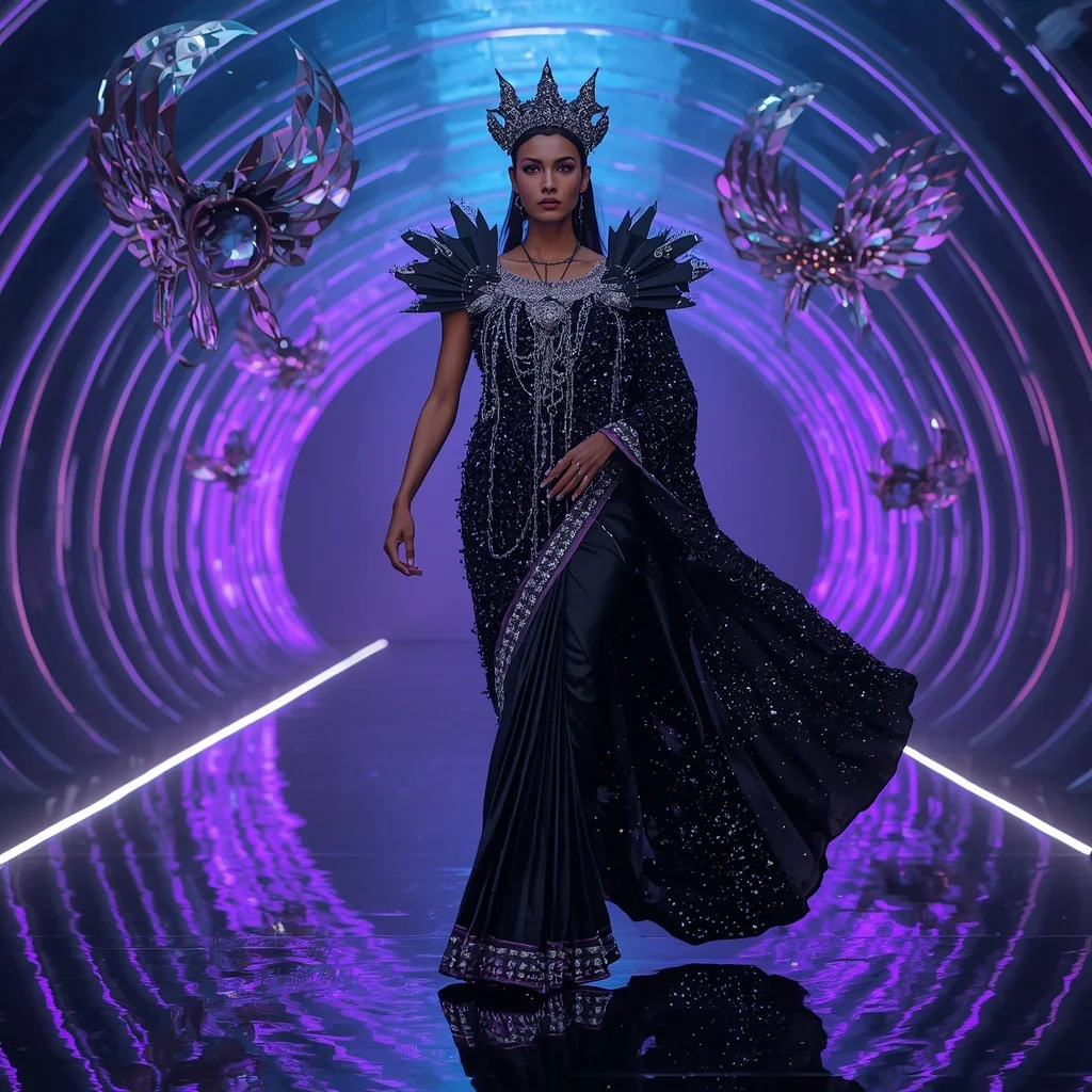 Celestial Void Singularity Armor Saree with Floating Quantum Black Prism Web Nexus Crown | Prompt Seen Trending Girl Instagram