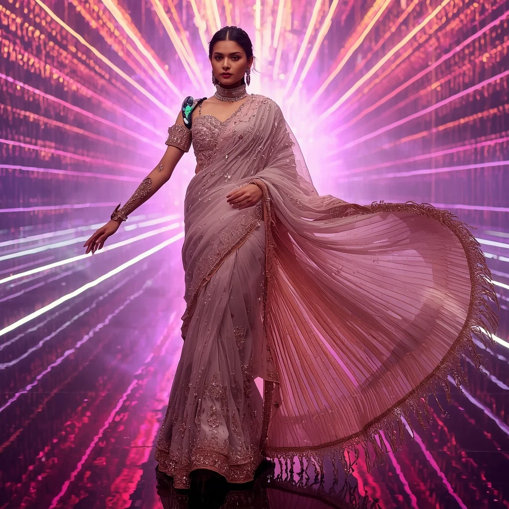 Champagne Aurora Crystal Saree with Floating Laser Infinity Kingdom | Instagram Highlight Cover Ai Prompt