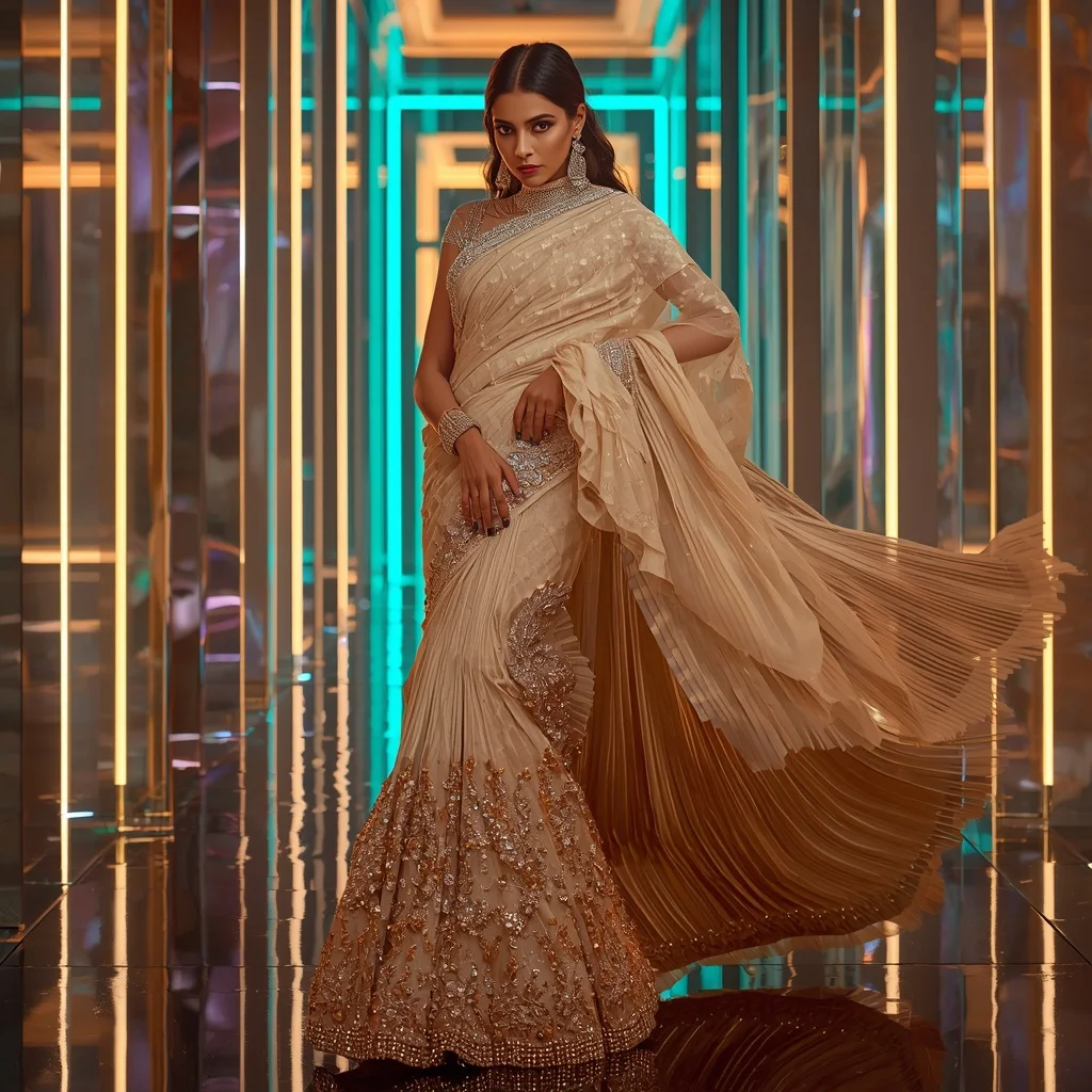 Champagne Aurora Crystal Saree with Floating Prism Palace | Fantasy Ai Prompt