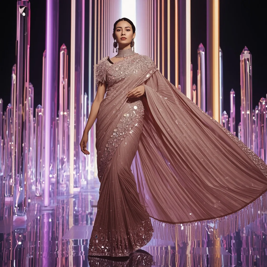 Champagne Aurora Liquid Saree with Floating Laser Crystal Citadel | Prompt Seen Trending Girl 2026