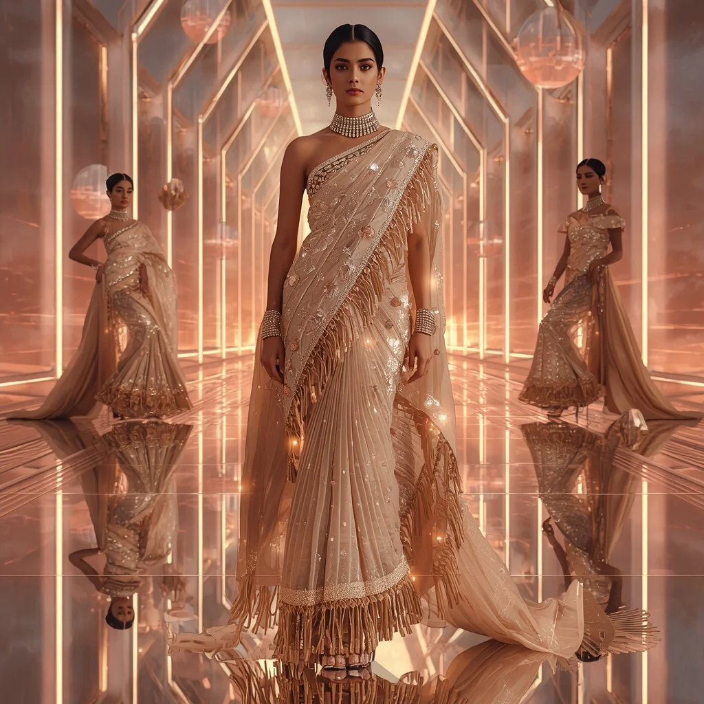 Champagne Aurora Mirage Saree with Floating Infinity Crystal Orbit Temple | Girl Photo Prompt Gemini