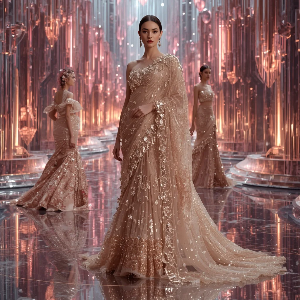 Champagne Aurora Mirage Saree with Floating Infinity Crystal Palace | Gemini Ai Prompt Copy Paste