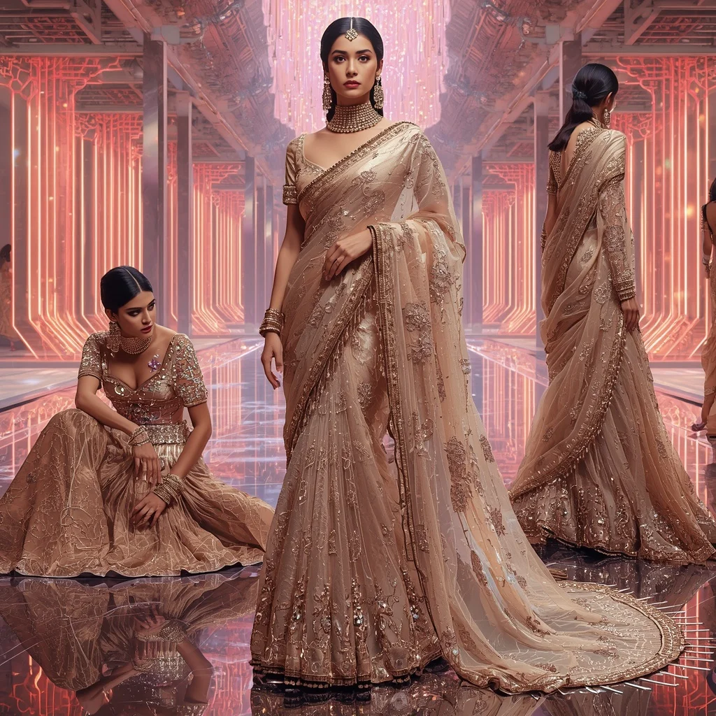 Champagne Aurora Mirage Saree with Floating Infinity Neon Crystal Waterfall Palace | Prompt Seen Girl Photo Editing ChatGPT