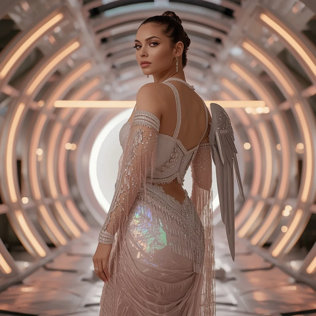 Champagne Aurora Prism Quantum Armor Saree with Floating Infinity Sphere Light Dome Nexus Core Reactor System | Best Prompt For Traditional Look For Girl Chatgpt