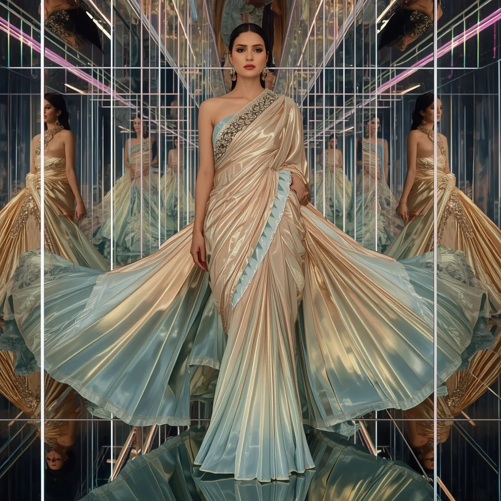 Champagne Ice Flame Saree with Infinity Reflection Tunnel | Gemini Ai Prompt For Girl