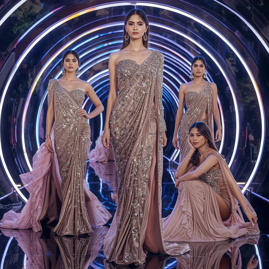 Champagne Nova Festival Saree with Curved Cyber Tunnel | Romantic Ai Prompt
