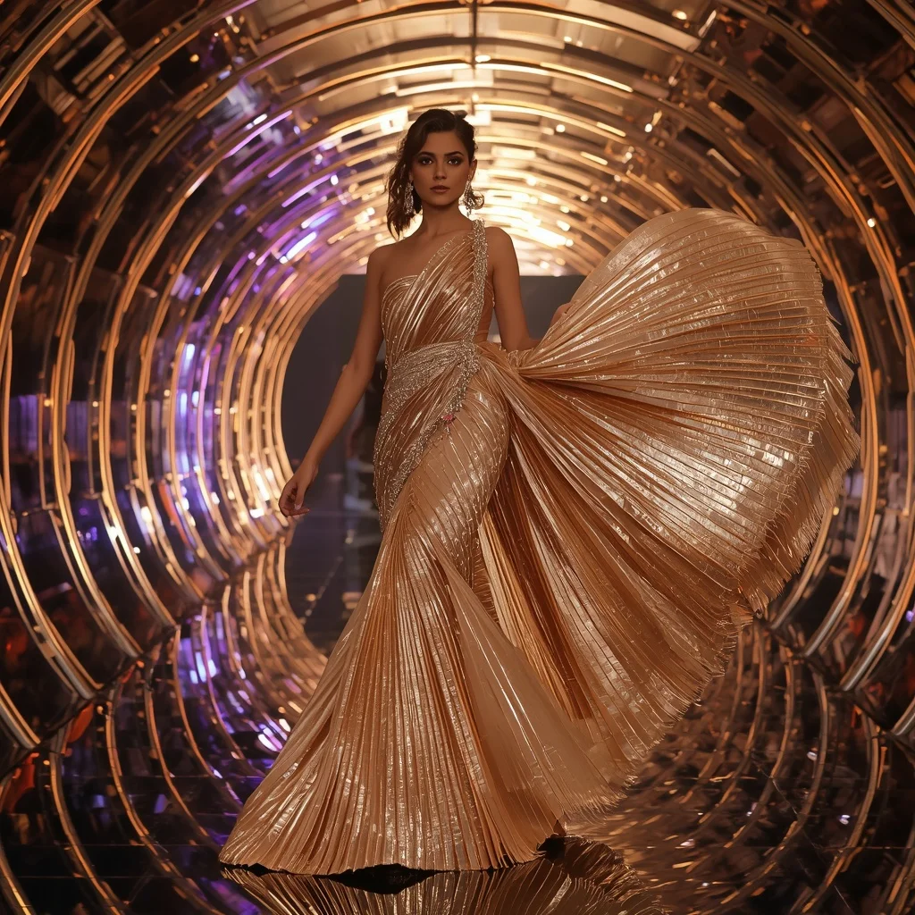 Champagne Prism Royale Saree with Curved Orbit Reflection Infinity Hall | Prompt Generator
