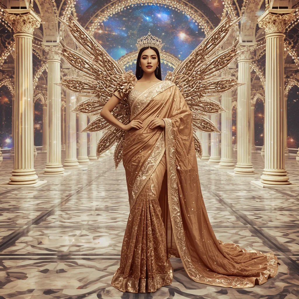 Champagne Stellar Empress Saree with Holo Ribbon Crown Aurora Cathedral | Woman Pose Ai Prompt