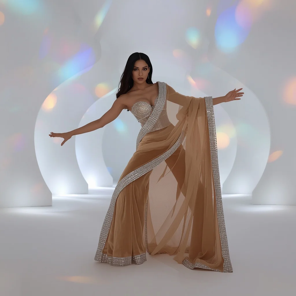 Champagne Velvet Saree with Massive Crystal Corset and Dramatic Drape | Ideogram Ai Prompt