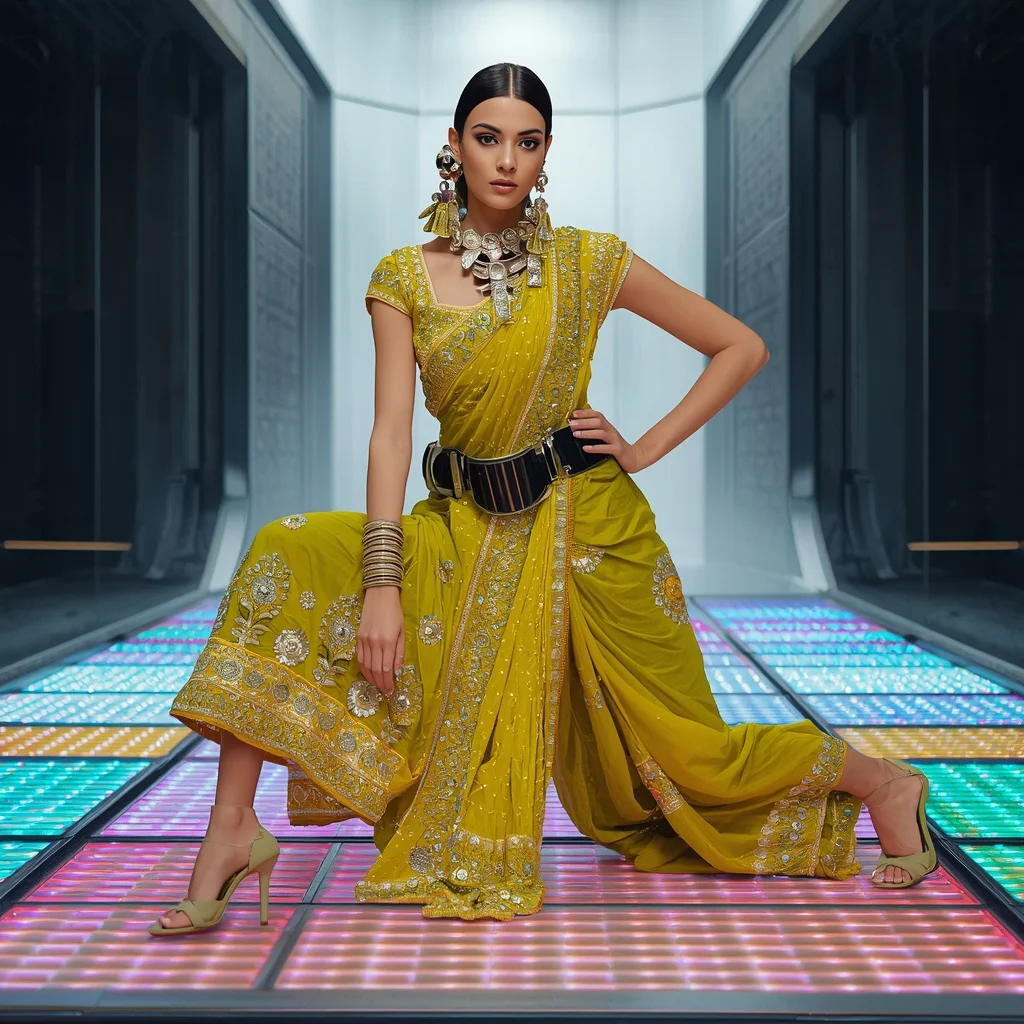 Chartreuse Yellow Heavy Gota Patti Saree with Metallic Belt | Ai Girl Image Prompt