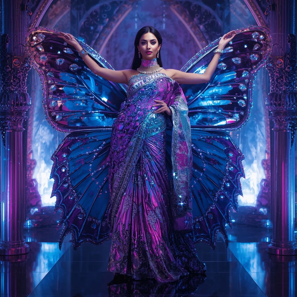Chrome Butterfly Diamond Palace Saree with Neon Universe Fortress | New Instagram Trend Prompt For Girl Love Copy And Paste
