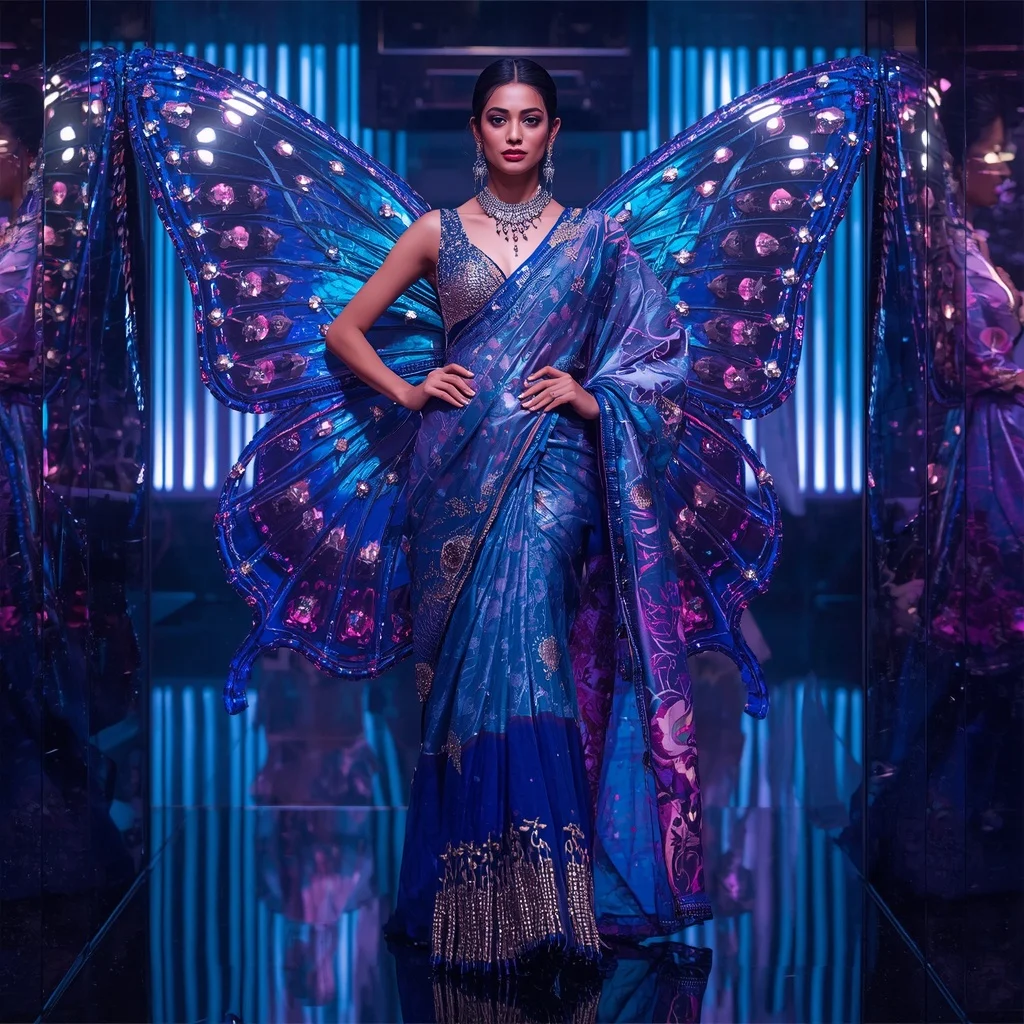 Chrome Butterfly Sapphire Palace Saree with Neon Universe Kingdom | Chatgpt Photo Editing Styles For Girl