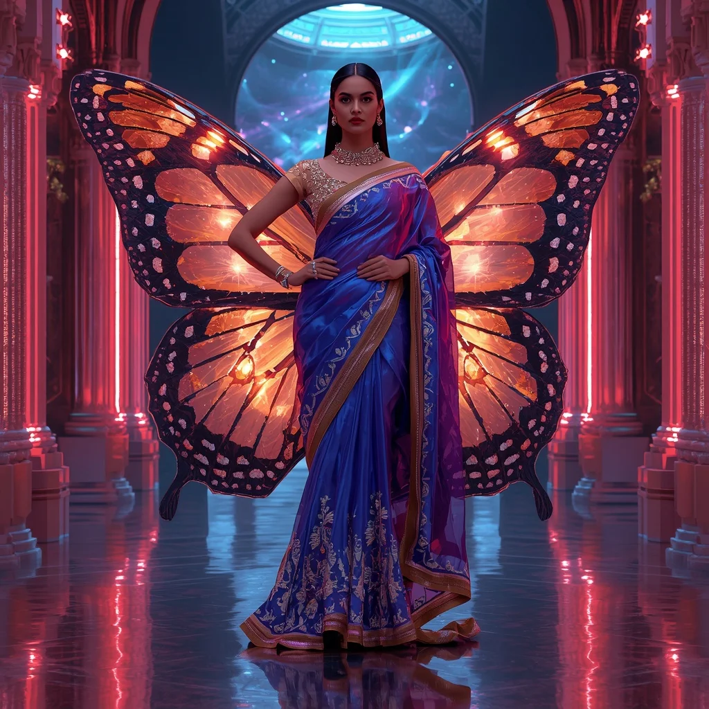 Chrome Butterfly Solar Palace Saree with Neon Universe Fortress | Prompt Trending Girl 2026