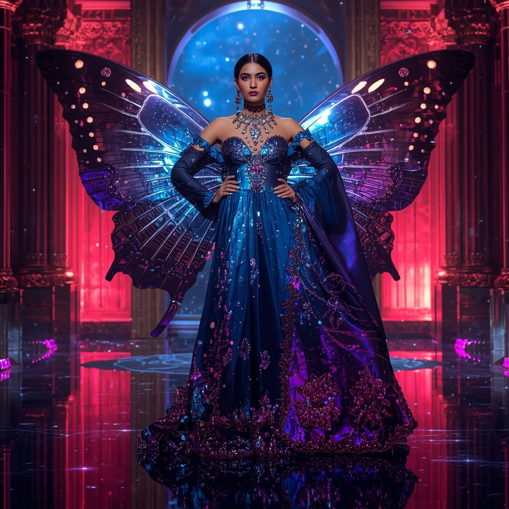 Chrome Butterfly Solar Throne Saree with Neon Universe Citadel | Beautiful Woman Ai Prompt