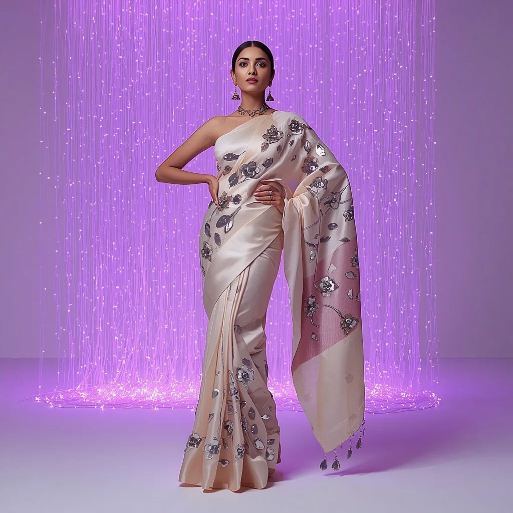Chrome Floral 3D Silk Saree – Hand-on-Hip Gaze with Violet Fiber Optics | Prompt Seen Trending Girl Instagram