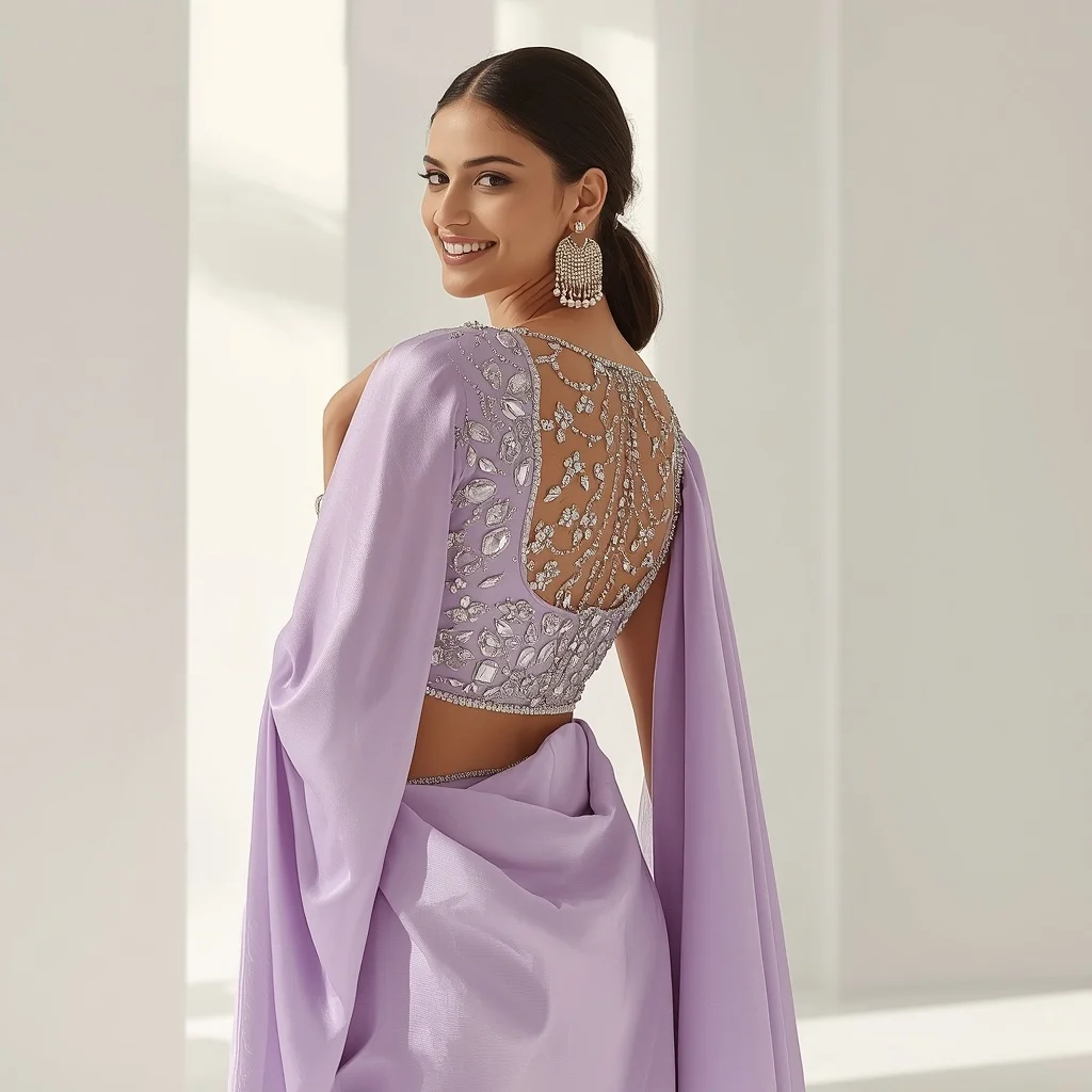 Chunky Glass Stonework Silver Thread Lavender Saree | Candid Laughing over Shoulder Pose | Trending Prompts For Instagram For Girl