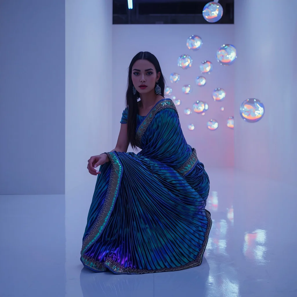 Color-Shifting Peacock Metallic Liquid Saree for Avant-Garde Poses | Prompt Seen Girl Photo Editing Chatgpt Download