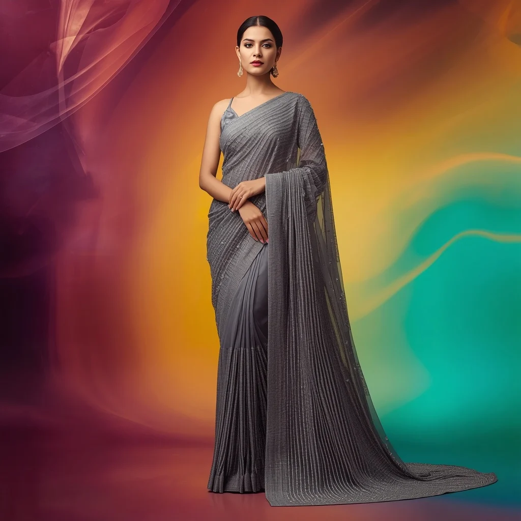 Conceptual Fashion Saree: Graphite Grey Chiffon with Thick 3D Diamond Waterfalls | Ai Art Prompt