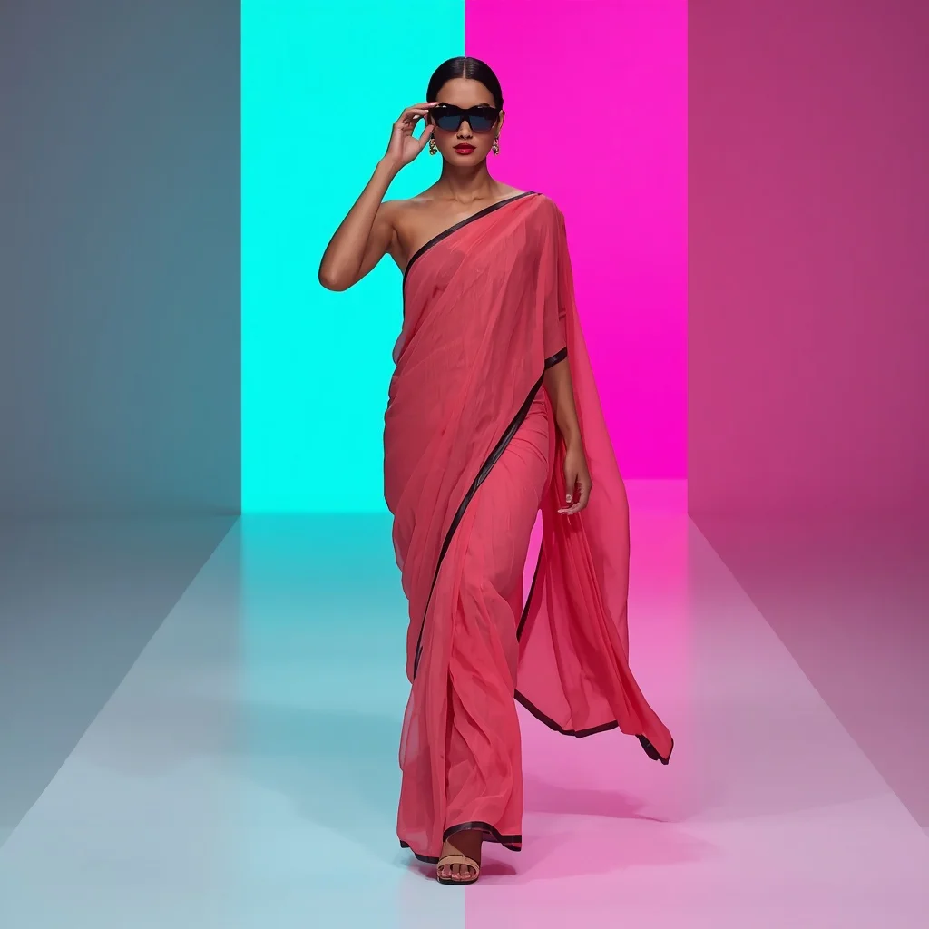Coral Chiffon Leather-Trim Saree – Runway Power Walk with Split Neon Wall | Trending Ai Prompt