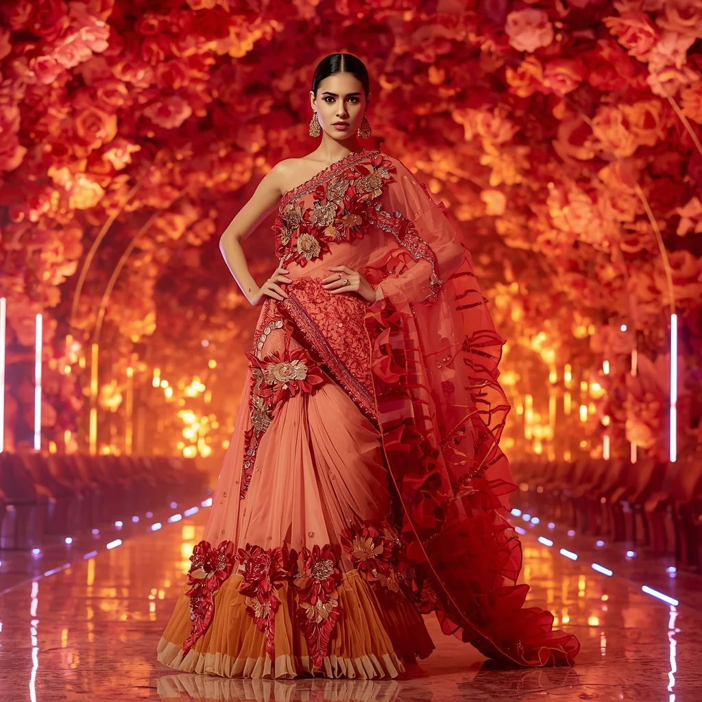 Coral Dynasty Flame Saree with Solar Bloom Cathedral | Hijab Girl Ai Prompt