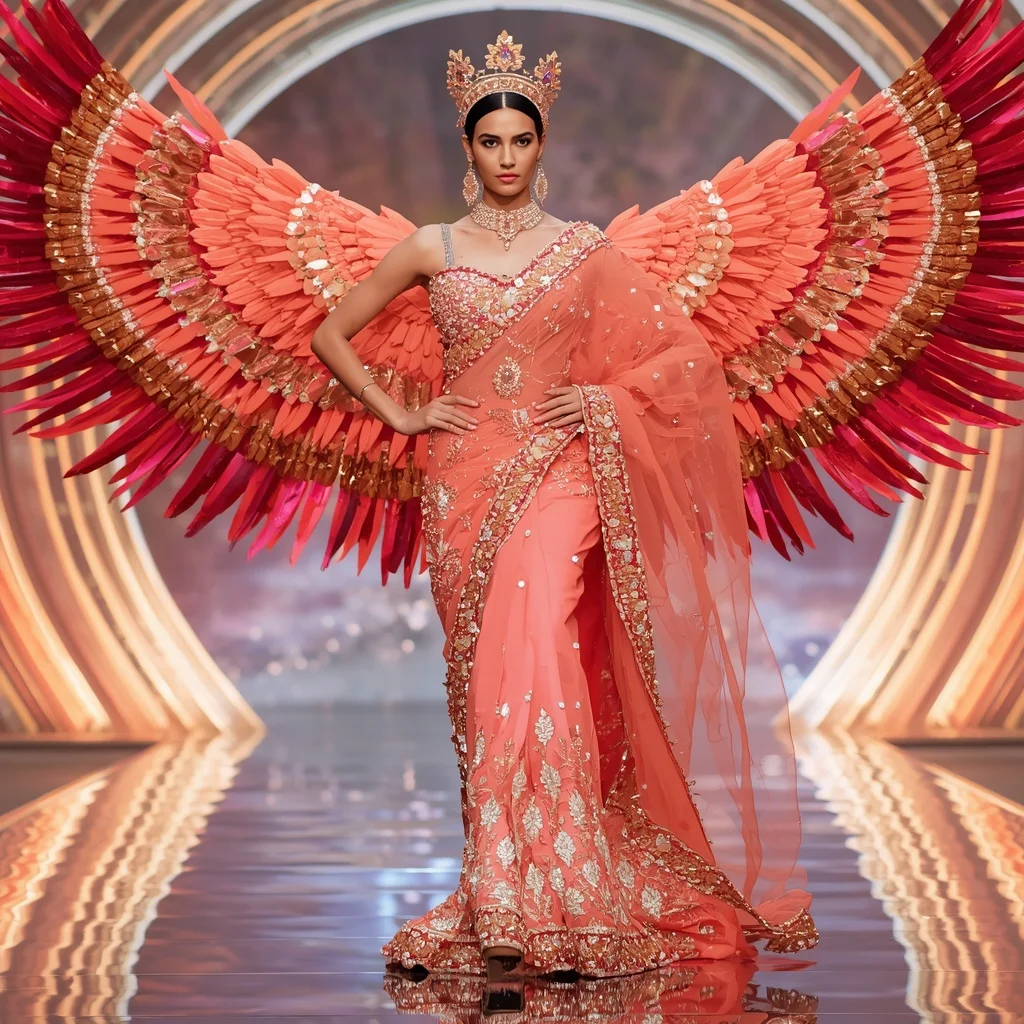 Coral Flamingo Crown Saree with Crystal Wing Infinity Megadome | Realistic Ai Prompt