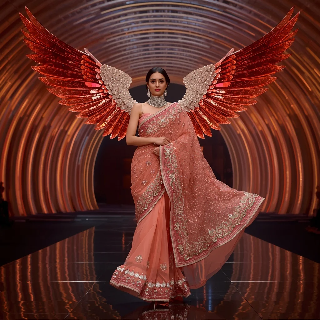 Coral Flamingo Royale Saree with Crystal Wing Infinity Dome | Whatsapp Dp Ai Prompt