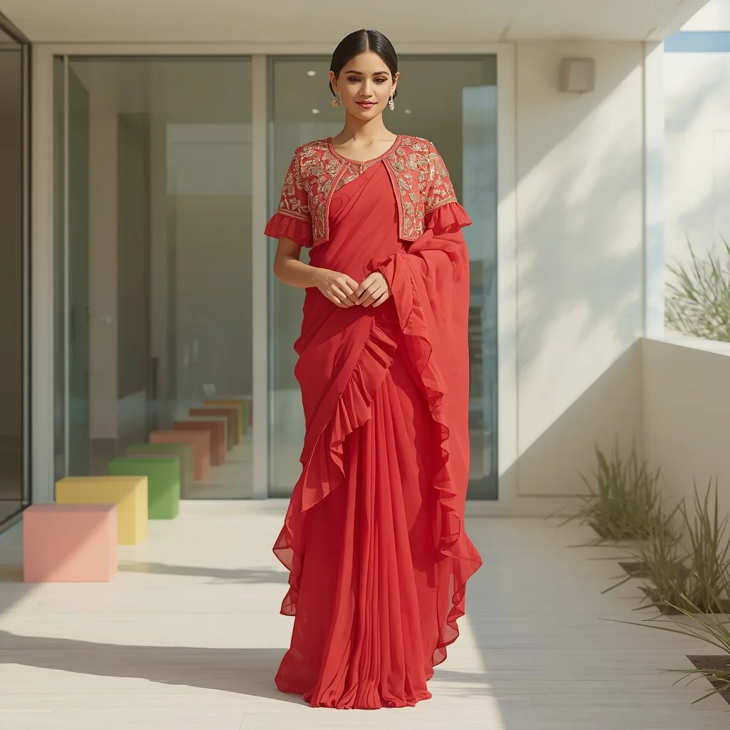 Coral Red pre-draped Saree with heavy Zardosi jacket blouse | Prompt Ai