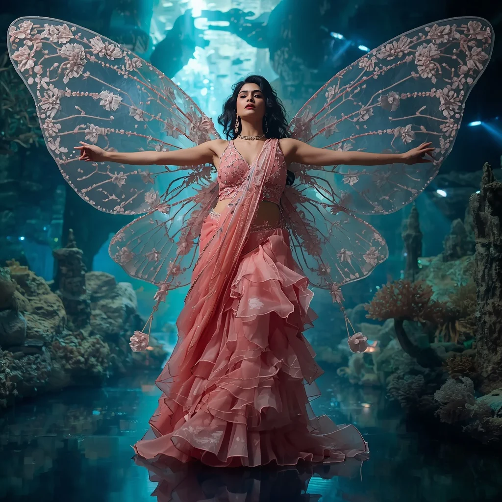 Coral Reef Siren Butterfly Saree with Fantasy Underwater City Background | Ultra Realistic Ai Prompt
