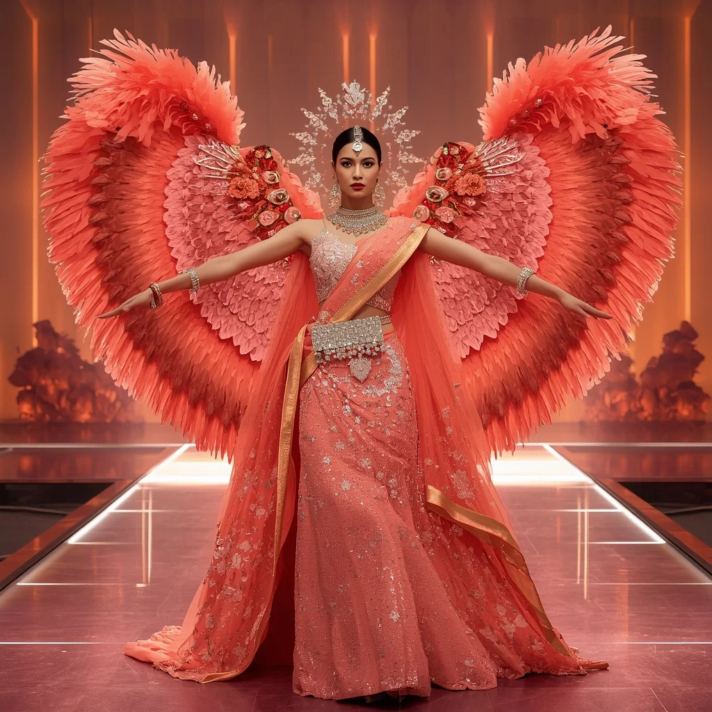 Coral Sunset Maharani Saree with Crystal Horizon Palaces and Sky Lagoon Kingdom | Gemini Ai Photo Prompt Copy Paste
