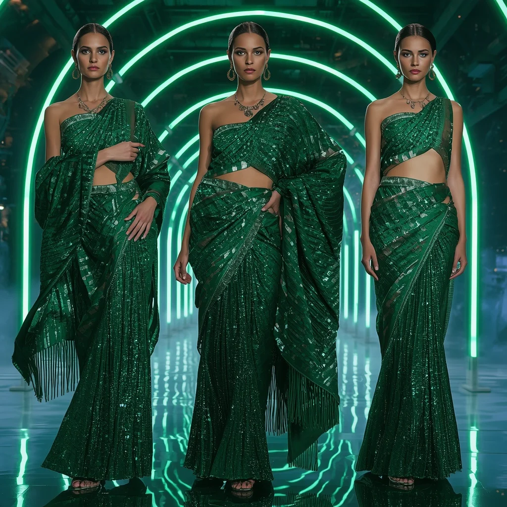 Cosmic Emerald Flame Saree with Floating Neon Arches | Easy Ai Prompt