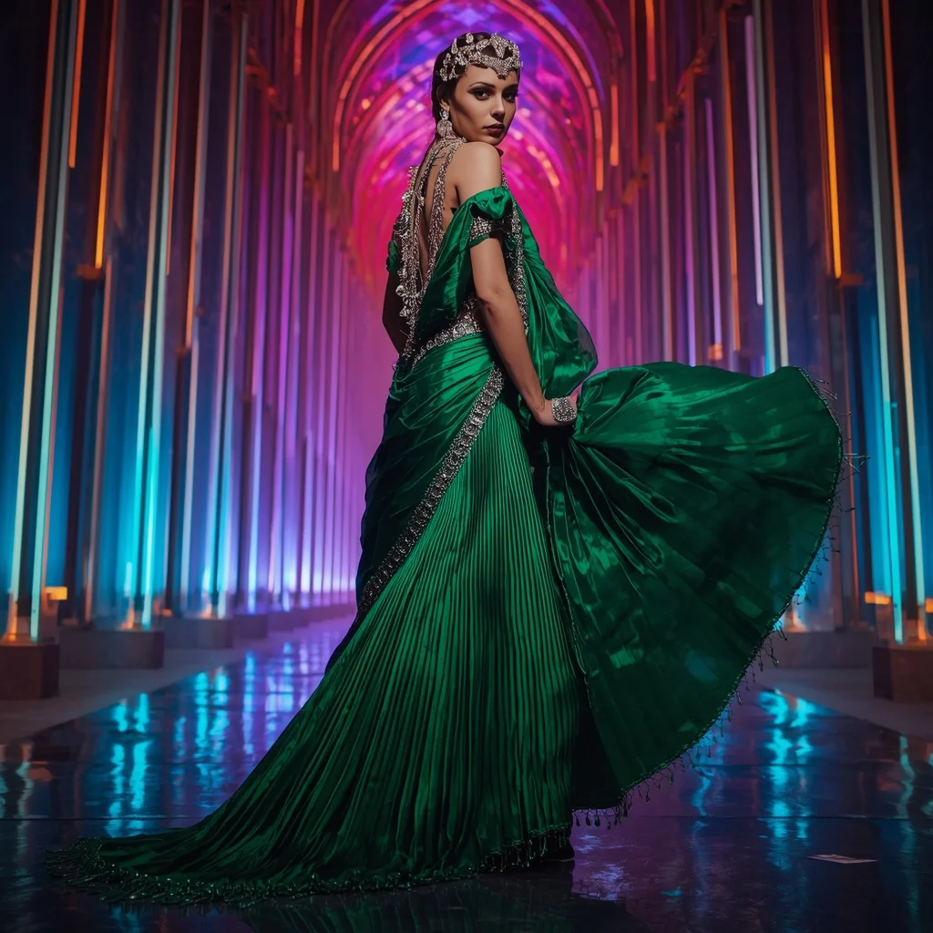 Cosmic Emerald Queen Saree with Neon Reflection Galaxy Cathedral | Face Ai Prompt
