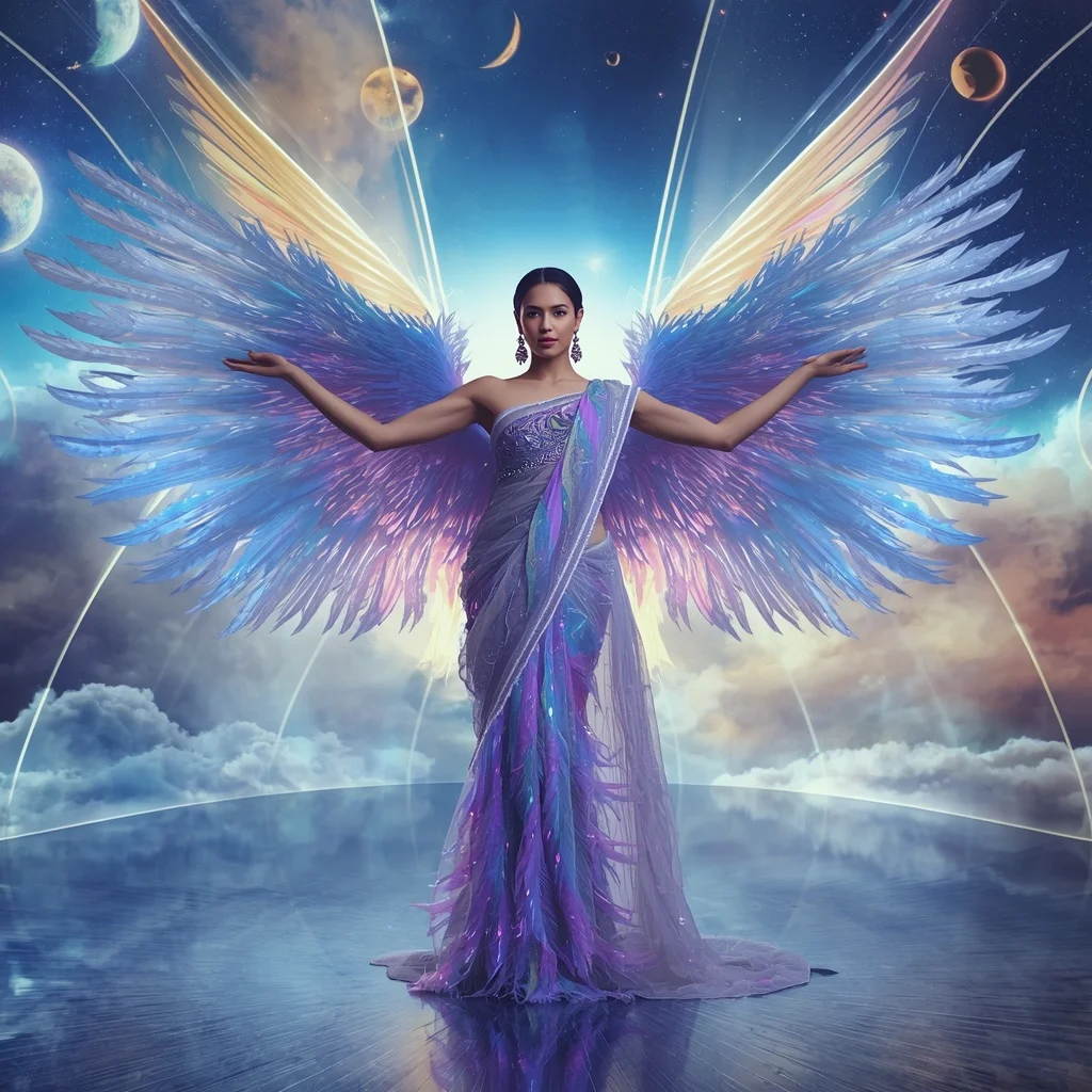 Cosmic Feather Plasma Saree with Sky Energy Wings | New Instagram Trend Prompt For Girl Copy And Paste