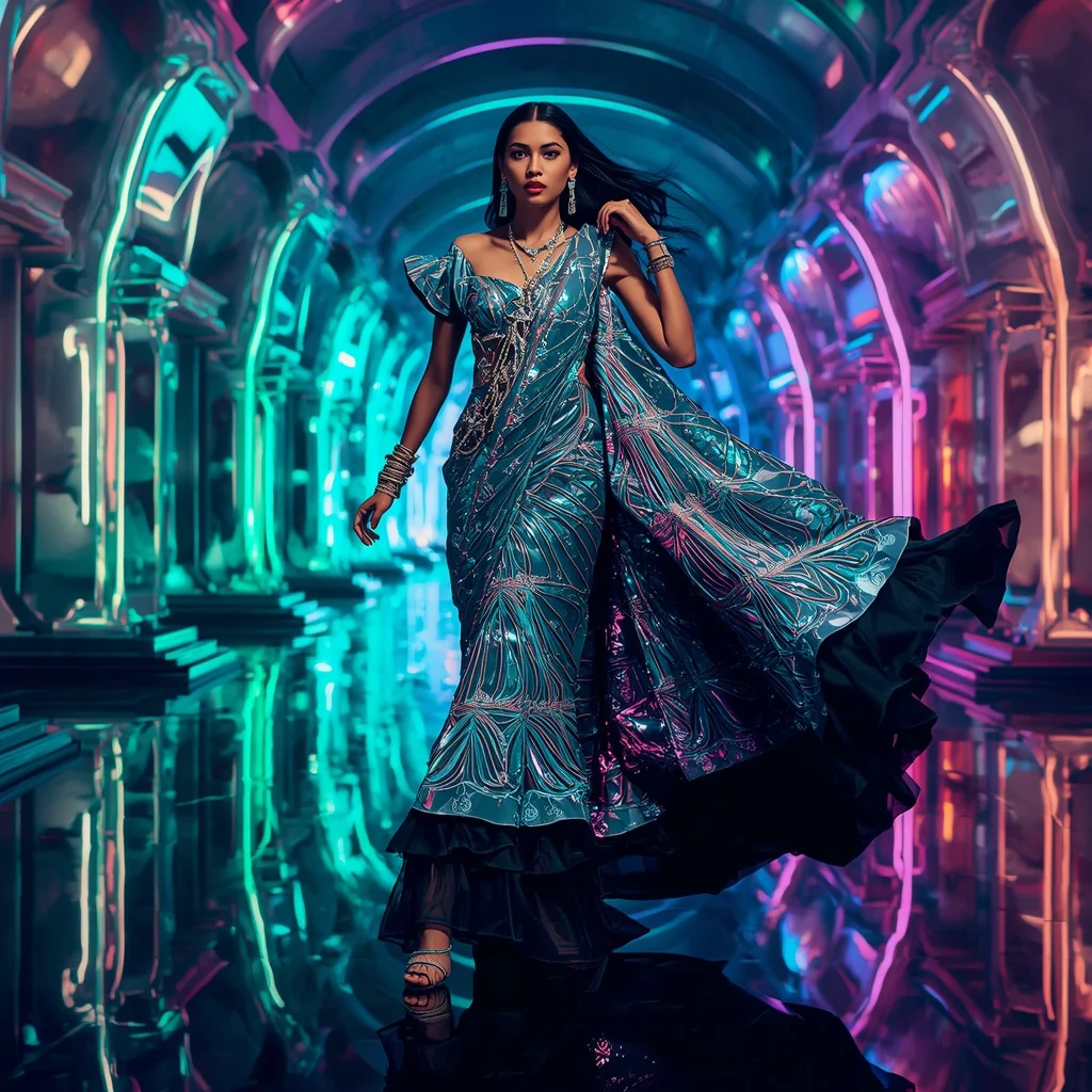 Cosmic Mirror Empress Saree with Floating Neon Infinity Temples | Character Design Ai Prompt
