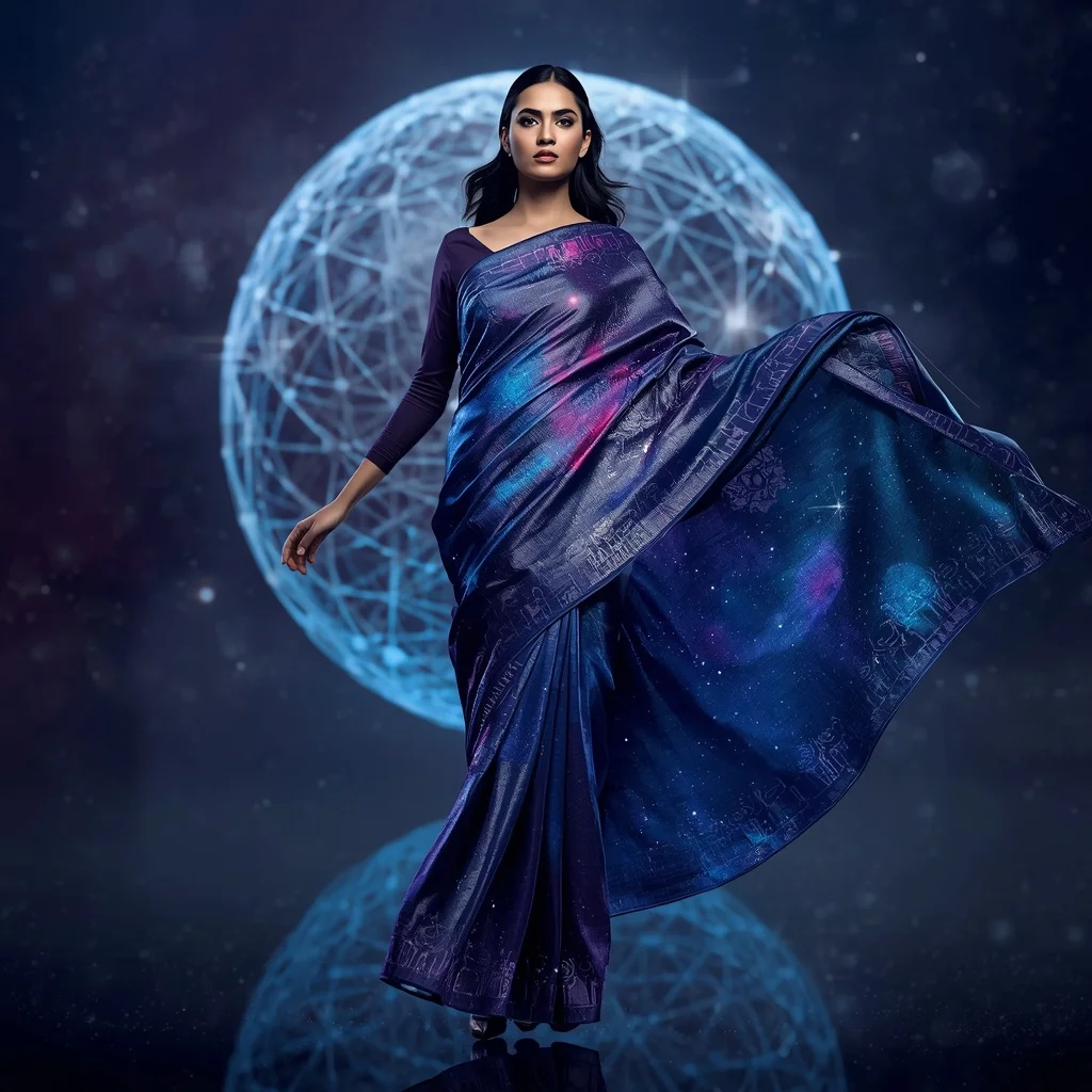 Cosmic Neural Fabric Infinity Saree with Data Galaxy Sphere | Leonardo Ai Image Prompt