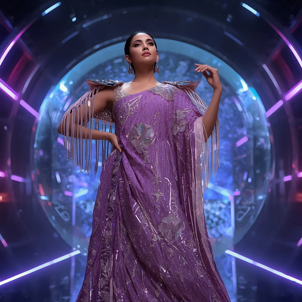 Cosmic Orchid Radiance Quantum Armor Saree with Floating Prism Energy Vault Sphere Nexus Core Reactor System | Saree Ai Prompt