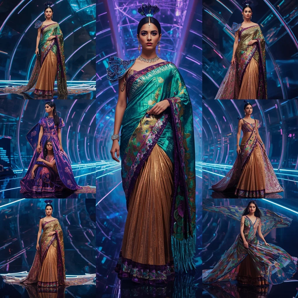 Cosmic Peacock Empress Saree with Floating Infinity Neon Diamond Palace | Youtube Thumbnail Ai Prompt