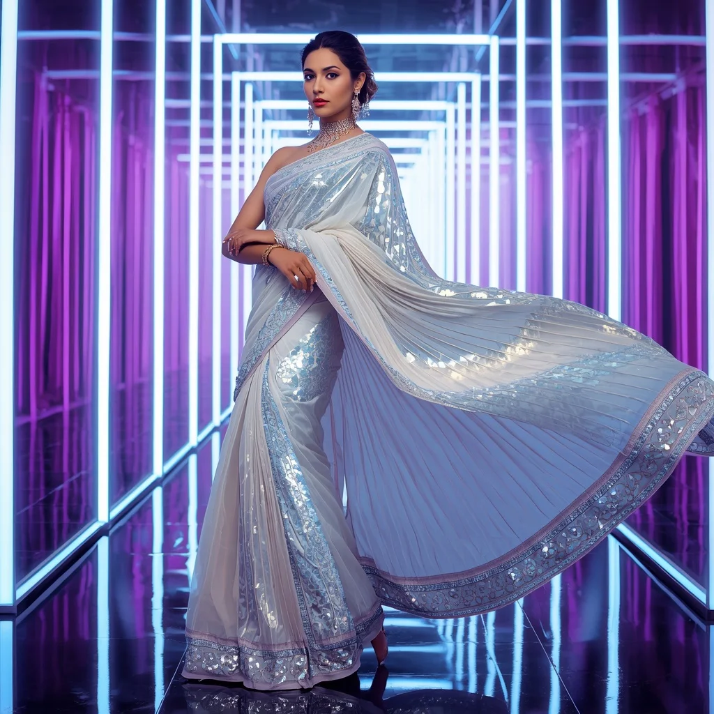 Cosmic Pearl Eclipse Saree with Dynamic Neon Prism Corridors | Gemini Ai Photo Prompt