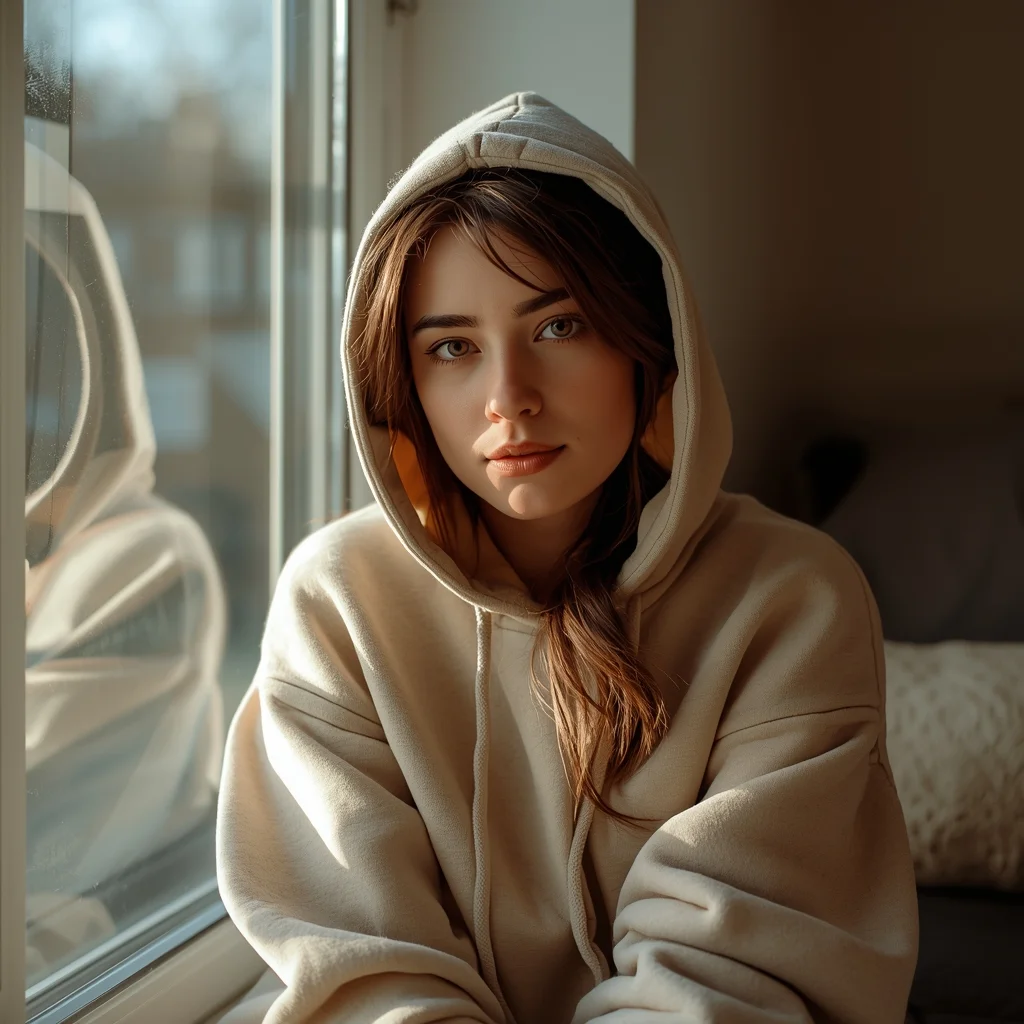 Cozy Hoodie Girl Window Portrait – Soft Lifestyle Aesthetic | Viral Ai Prompts You Must Try