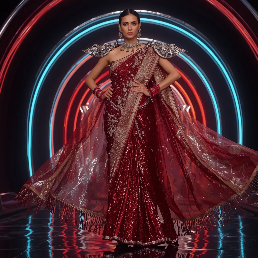 Crimson Aurora Mirage Saree with Floating Infinity Neon Arches