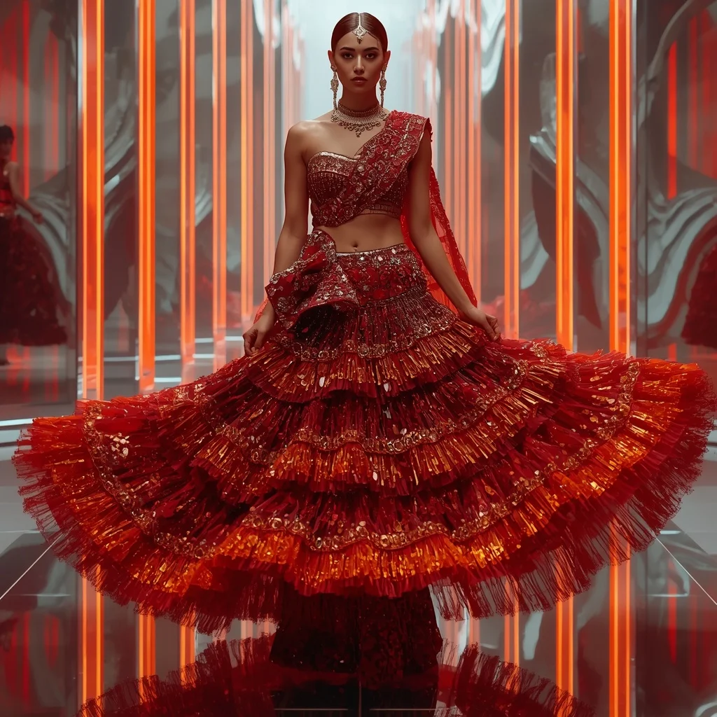 Crimson Aurora Thunder Saree with Prism Reflection Empire