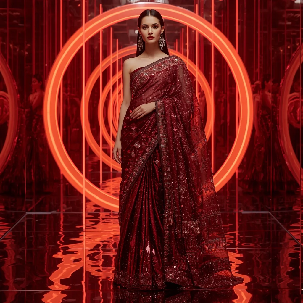 Crimson Cyber Royale Saree with Floating Neon Infinity Mirror Rings | Prompt Seen Girl Lehenga