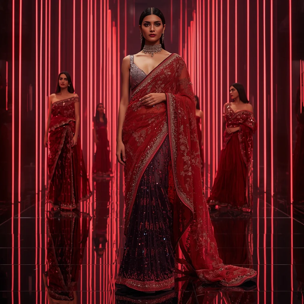 Crimson Cyber Royale Saree with Floating Neon Orbit Galaxy Temple | Instagram Girl Gemini Prompt