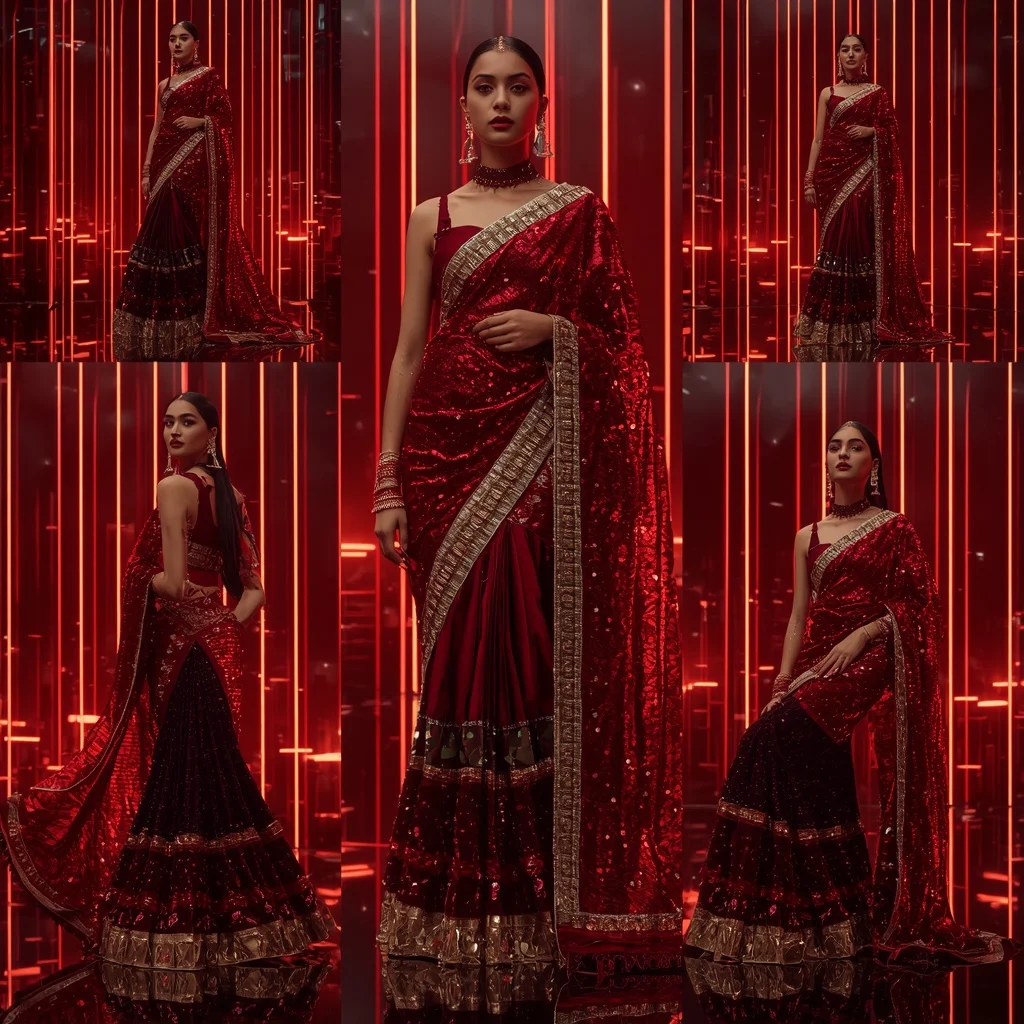 Crimson Cyber Royale Saree with Floating Neon Orbit Palace | Prompt Gemini Ai