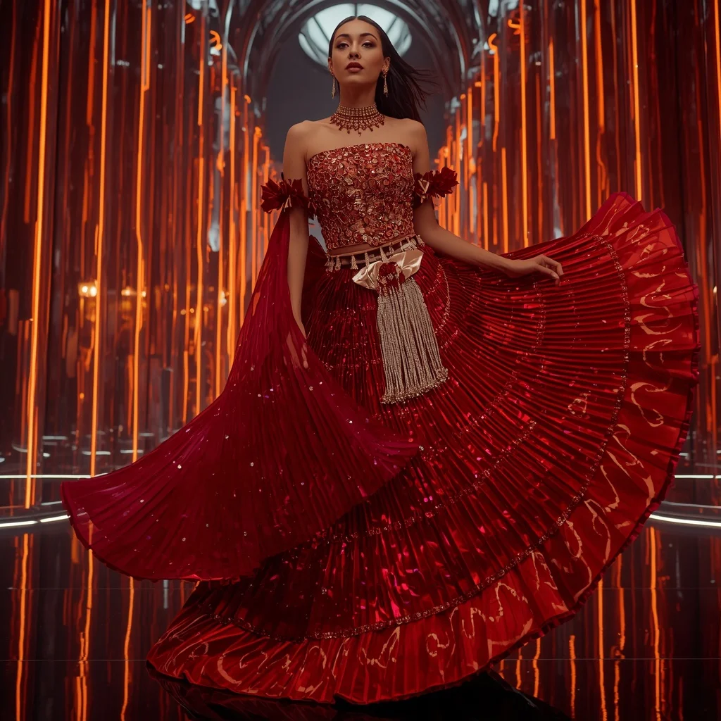 Crimson Inferno Mirage Saree with Prism Reflection Cathedral | Prompt Seen Trending Girl 2026 Instagram