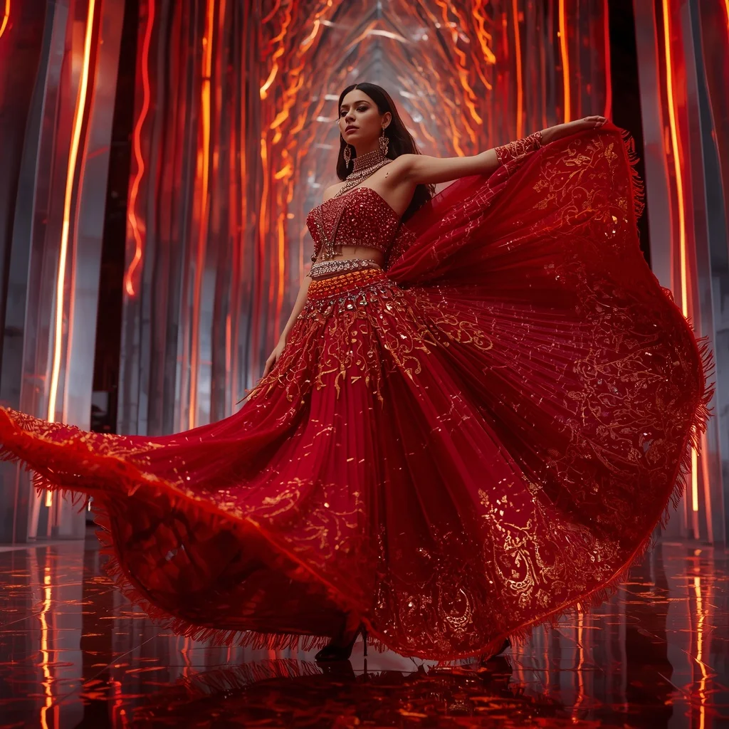 Crimson Lightning Inferno Saree with Prism Reflection Cathedral | Prompt For Ai Image Editing