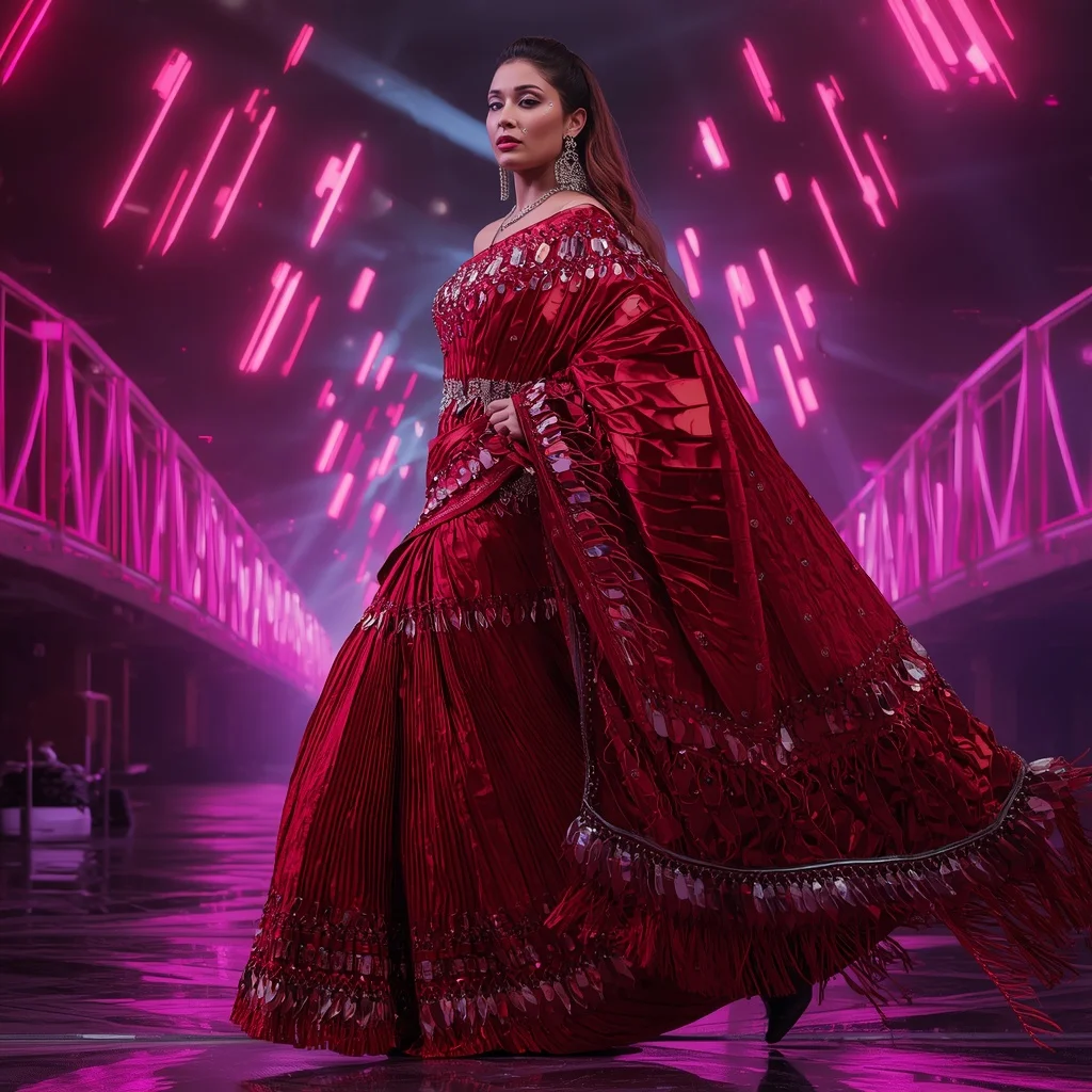 Crimson Nova Flame Saree with Floating Infinity Neon Palace Bridges | Beautiful Woman Ai Prompt